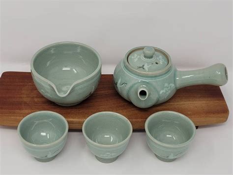 Handmade Korean Celadon Tea Set For 3 With Gift Box Clouds Etsy