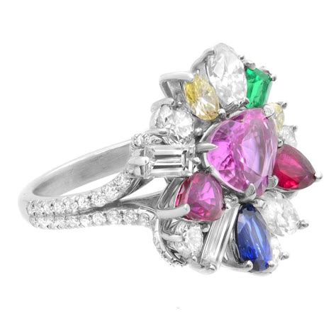 Platinum Multi Colored Gemstones And Diamonds Cocktail Ring 5 37cttw For Sale At 1stdibs