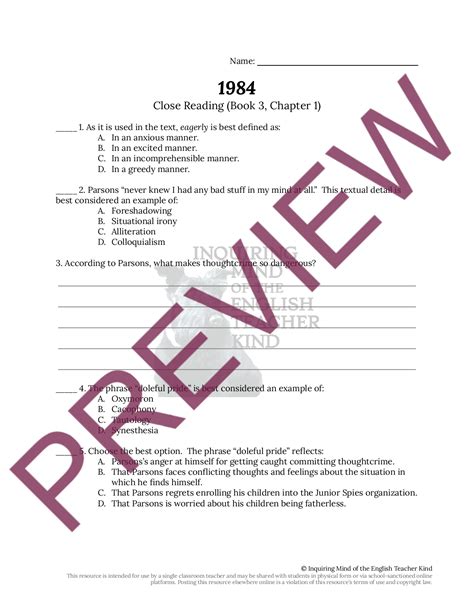 1984 Book 3 Chapter 1 Close Reading Worksheet | Teaching Resources