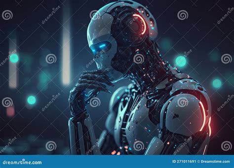 ai robot thinking  hand  chin artificial intelligence glowing light background