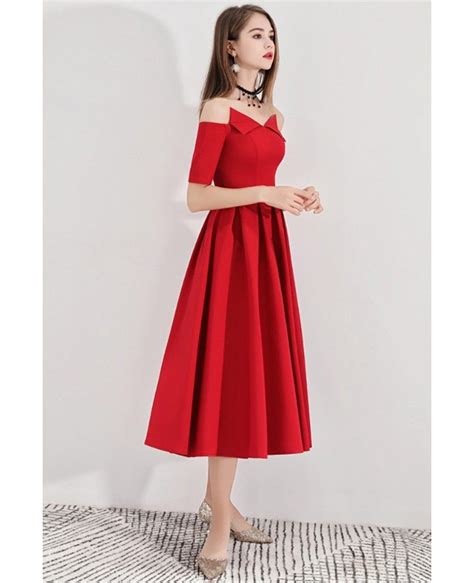 Special Red Pleated Aline Tea Length Party Dress With Off Shoulder