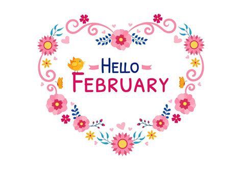 Hello February Month Vector Illustration With Flowers Hearts Leaves