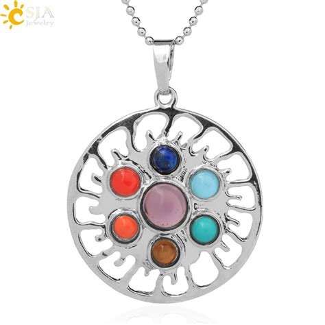 CSJA Natural 7 Stone Chakra Pendant Necklace Reiki Healing Charm