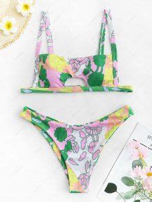 ZAFUL Ribbed Flower Print Cut Out Cheeky Bikini Swimwear In MULTI A