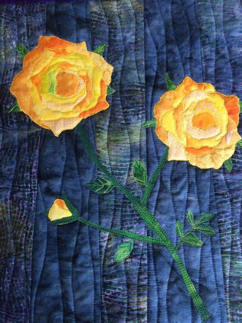 Art Quilt Yellow Roses Modern Quilted Wall Hanging Flowers Etsy Art