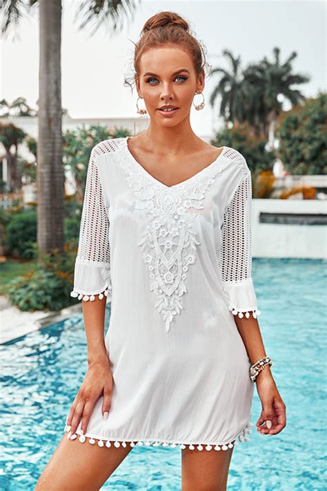 66 White Crochet Pom Pom Trim Beach Tunic Cover Up Wholesale