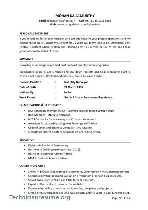 Cv Template Quantity Surveyor - Resume Format | Sample resume, Cv ...