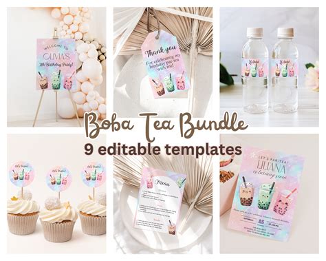 Self Editable Boba Tea Birthday Bundle Invite Tags Signs Cupcake