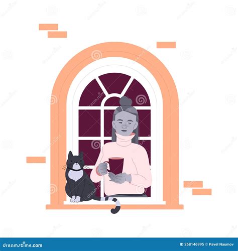 Loneliness with Lonely Woman Character Looking Out of Window with Cat