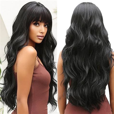 Oufei Longue Perruque Noire Ondul E Avec Franges Pour Femmes Cheveux