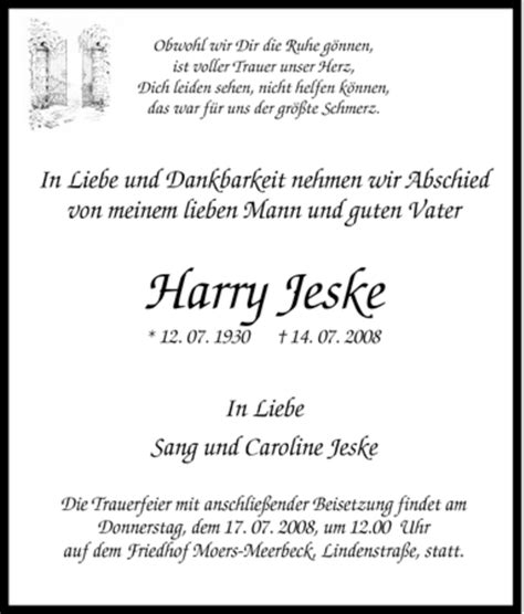 Traueranzeigen Von Harry Jeske Trauer In Nrw De