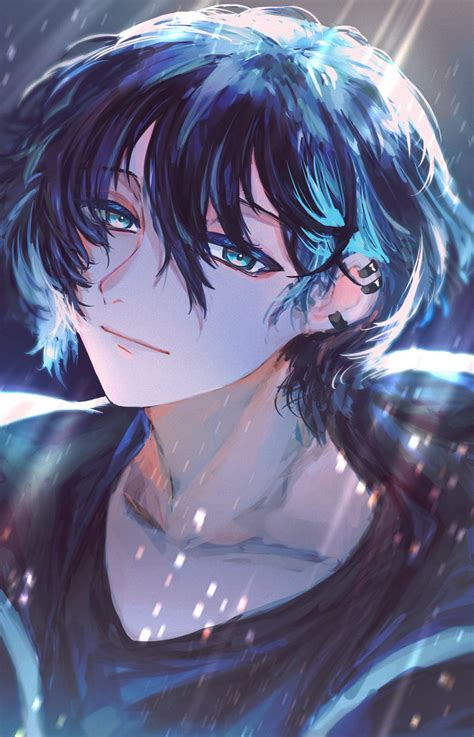 1boy Male Focus Solo Rain Black Hair Piercing Looking At Viewer Illustration Images