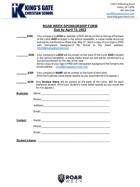 Fillable Online ROAR WEEK SPONSORSHIP FORM Due By April 12 2022 Fax