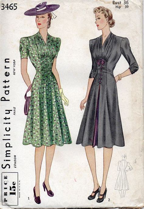 Simplicity 3465 1940s Misses Afternoon Dress Pattern V Neck Etsy