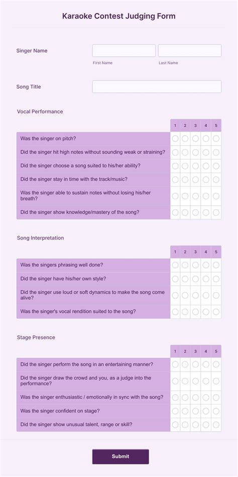 Karaoke Contest Judging Form Template Jotform