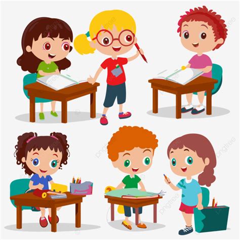 Prek Clipart Niños Trabajando En Escritorios Establecidos En Una