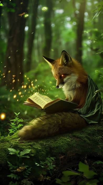 fantasy fox reading book, anthropomorphic animal illustration, magical ...