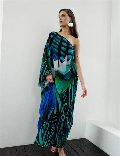 Nala One Shoulder Long Kaftan Maxi Dress Turquoise Blue Feather