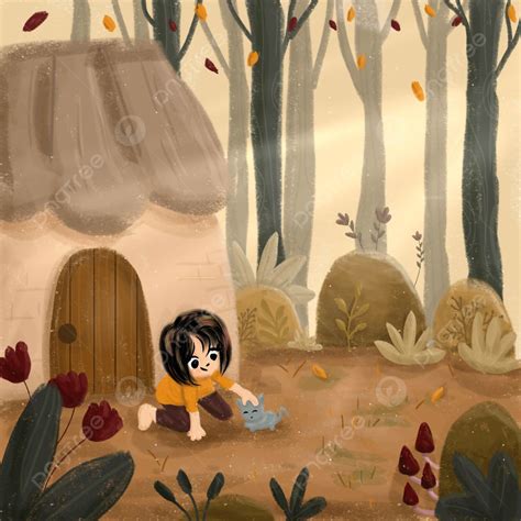 Fondo La Niña Y El Gato Jugando En La Ilustración Del Bosque Fondo