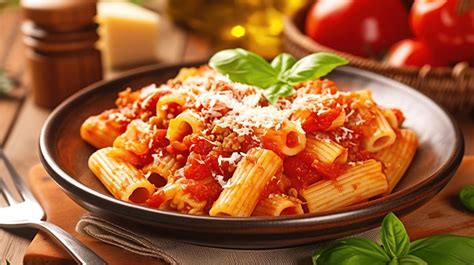 Rigatoni Pasta With Tomato Sauce And Cheese Background Background Basil Bolognese Background