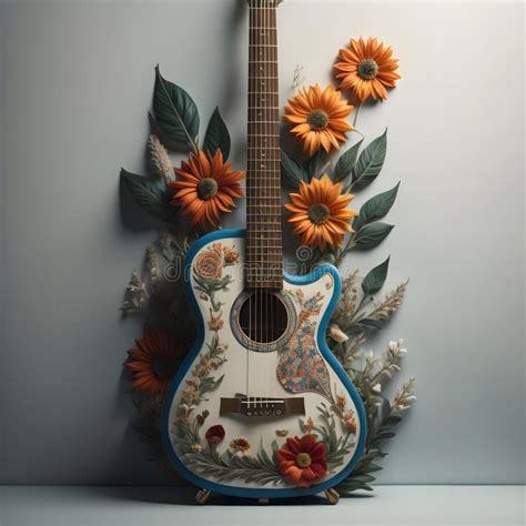 Guitar with Flowers and Leaves on a Gray Background. Generative Ai ...