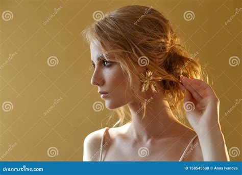 Beautiful Slender Blonde In The Evening Sun In A Long White Dress Portrait Of A Woman With A