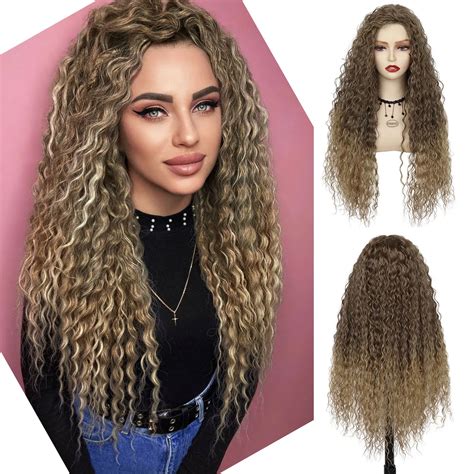 Gnimegil Synthetic Ombre Blonde Wigs For Women 28 Super Long Curly Wigs Free Part Hairline Ombre