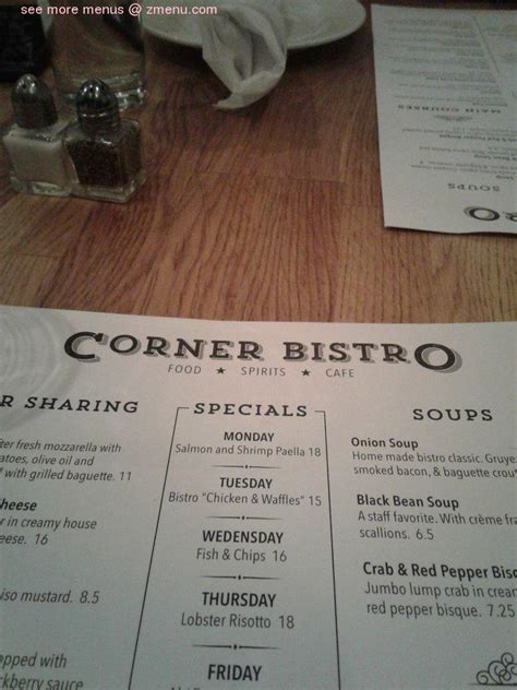 Menu at Corner Bistro pub & bar, Wilmington, Silverside Rd