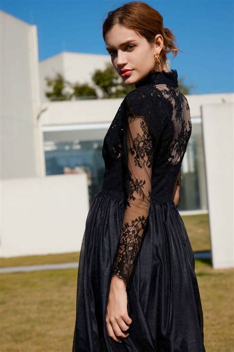 Vintage Mock Neck Sheer Lace Long Sleeve Evening Maxi Dress Black