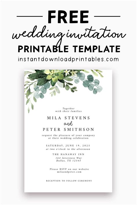 Free Wedding Invitation Template - Eucalyptus Green Leaves - Instant Download Printables ...