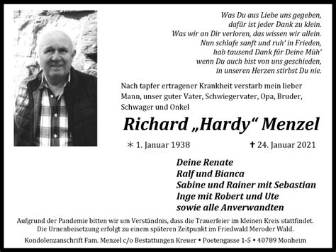 Traueranzeigen Von Richard Menzel Trauer In Nrw De