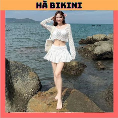 Bikini Đồ bơi đi biển set món áo bra đính HOA TRÀ có mút quần rời kèm