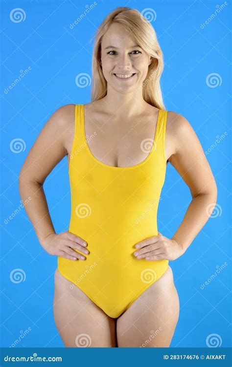 Sporty Blonde Woman Wearing Yellow Swimsuit Stock Photo Image Of Model Sportswear 283174676