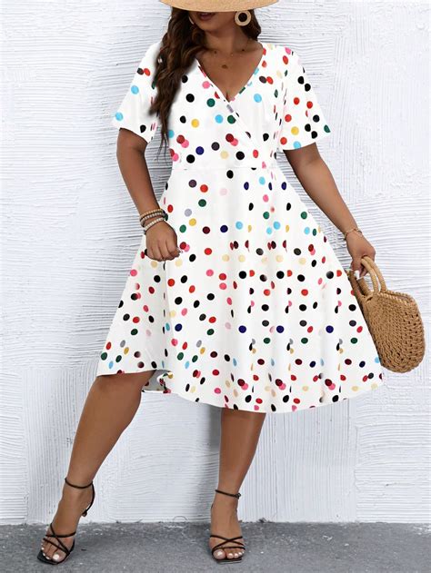 Shein Lune Plus Polka Dot Print V Neck Dress Shein Usa