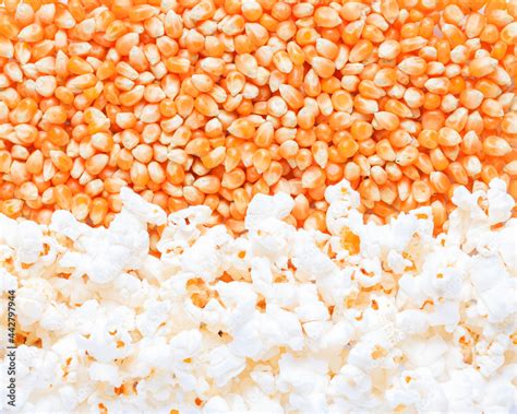 Raw corn kernels for popcorn and popcorn. Food background. Stock Photo ...