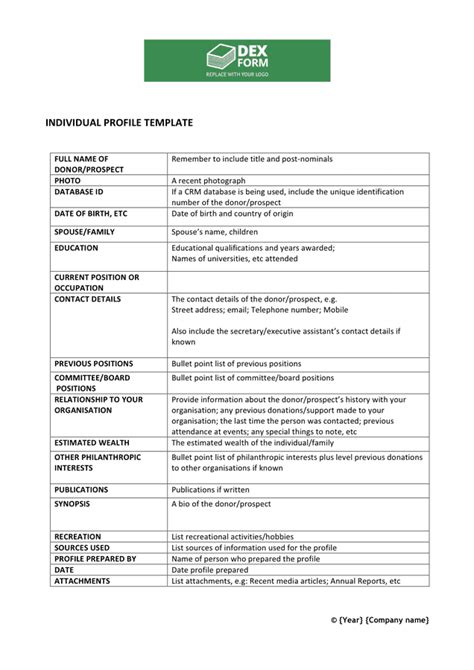 Individual profile template in Word and Pdf formats