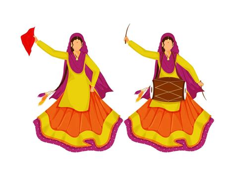 Young Punjabi Women Doing Bhangra Dance With Drum On White Background