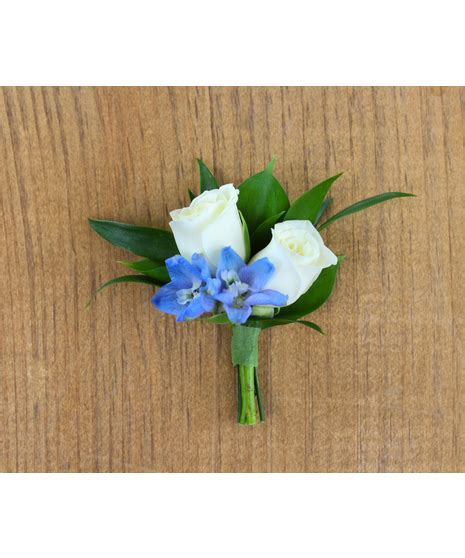 White Spray Rose With Light Blue Delphinium Cuff Wristlet Corsages