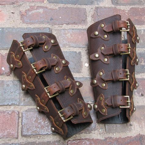 Oiled Brown Leather Bracers With Top Straps Scales And