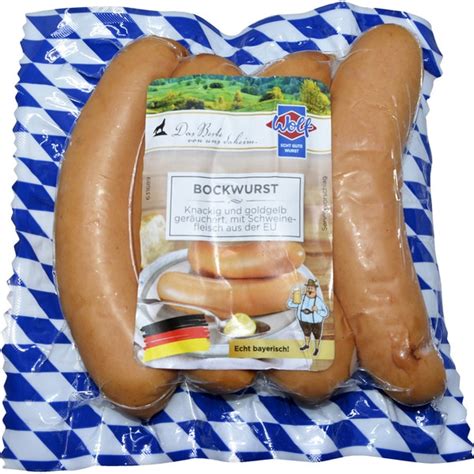 Salchichas Bockwurst Cocidas Y Ahumadas De Cerdo En Tripa Natural