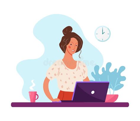 Menina Ou Mulher Trabalha No Computador Ilustração De Conceito Sobre