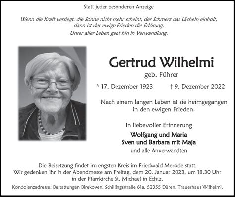 Traueranzeigen Von Gertrud Wilhelmi Aachen Gedenkt