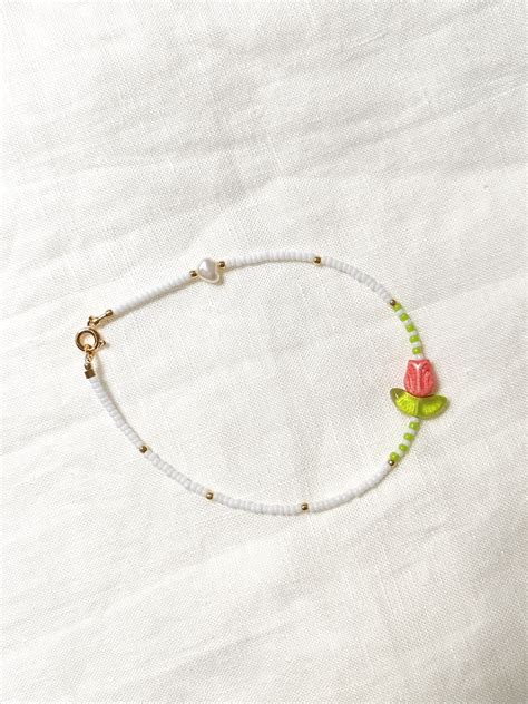 Beaded Anklet With Pearl And Tulip Flower Ankle Bracelet For Etsy De