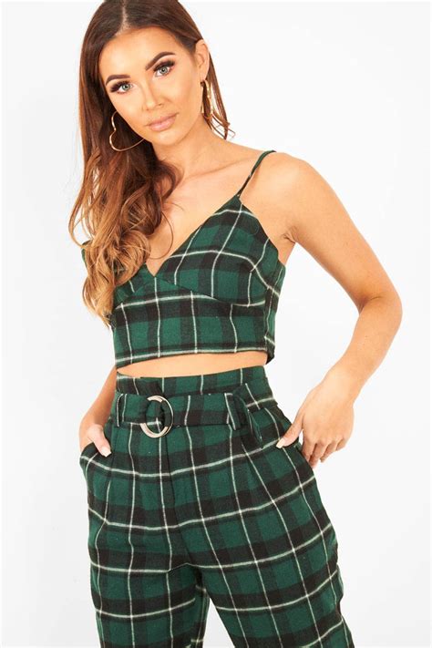 Green Check Bralet And Belted Trouser Co Ord Brilyn Rebellious Fashion