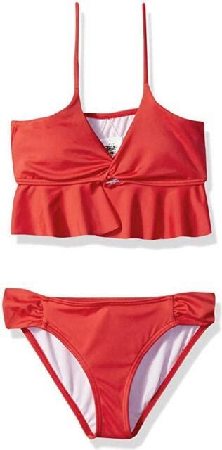 Billabong Big Girls Sol Searcher Ruffle Two Piece Swim Set Sunset Red