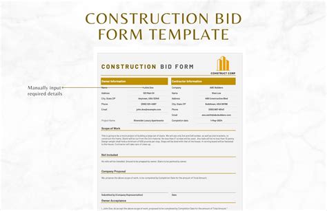 Construction Bid Form Template in Excel, Google Sheets - Download ...