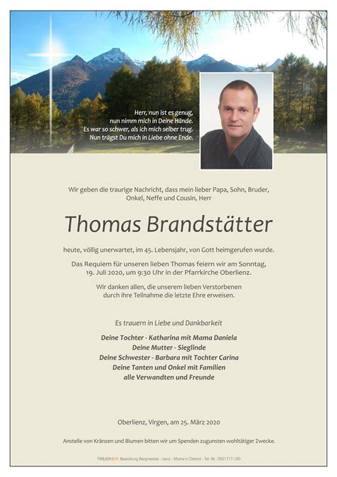 Todesanzeige Thomas Brandst Tter Trauer Link