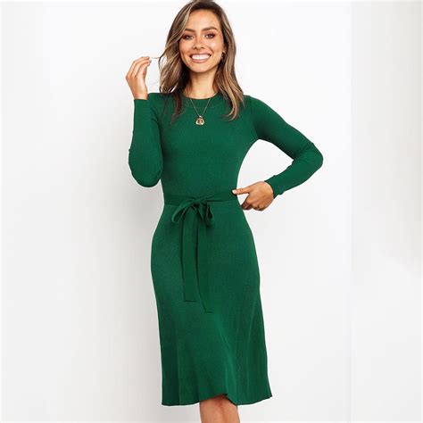 Buy 2019 Womens Dress Autumn Winter Fashion Round Neck Slim Long