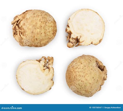 Fresh Celery Root Isolated On White Background Top View Flat Lay Set