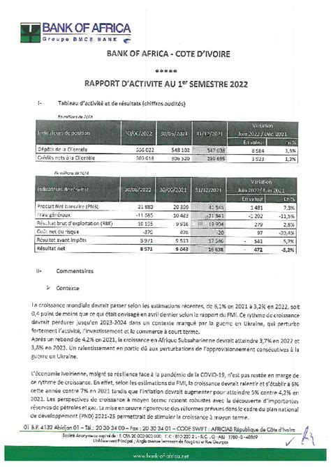 Rapport d activités du 1er semestre 2022 BOA CI Abidjan net Documents